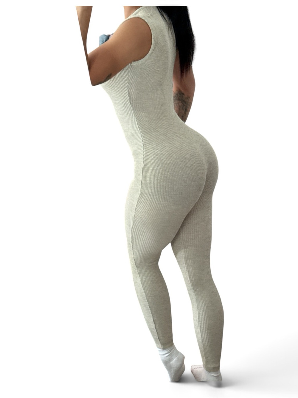 Ribbed Sleeveless Jumpsuit in Light Beige